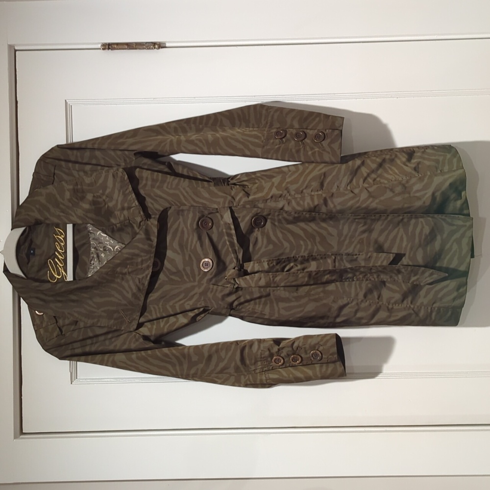 GUESS Rain Coat Women's Size medium Brown Green Animal Print Trench style NWOT